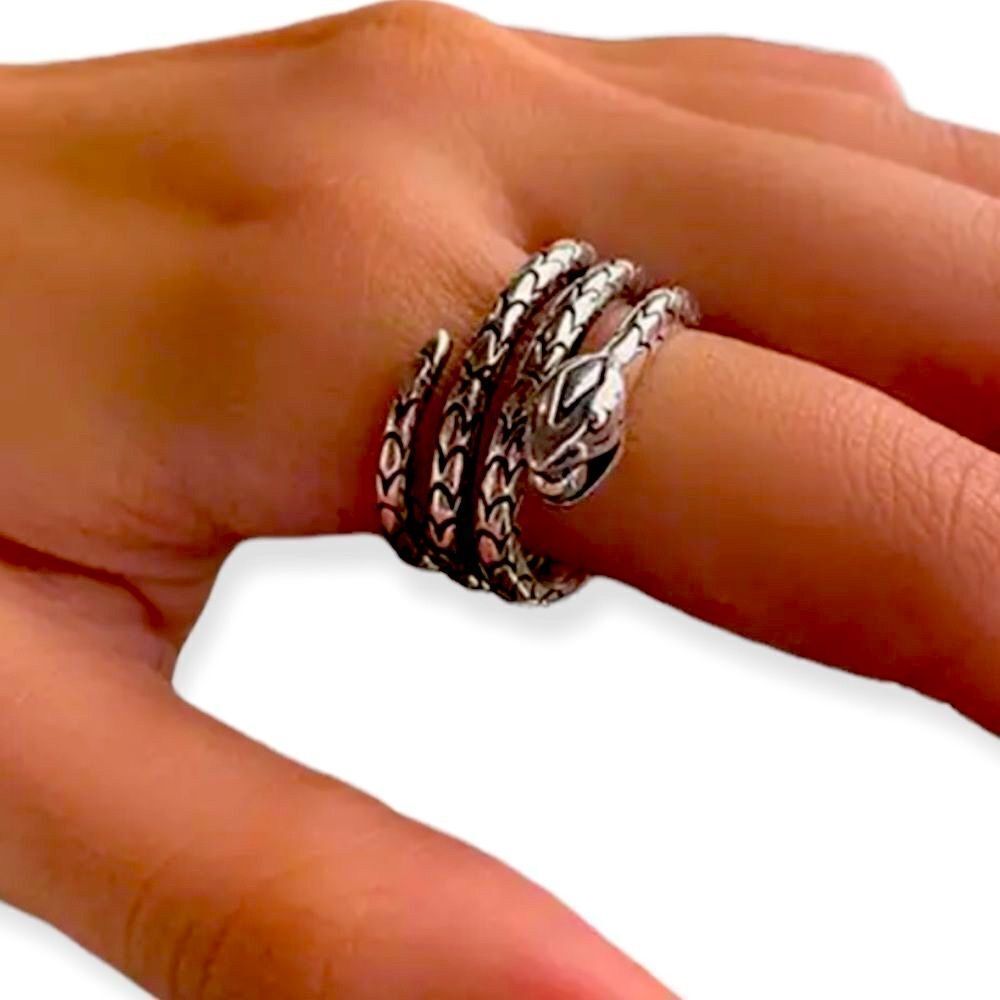 Antique Silver Coiled Ouroboros Textured Adjustable Snake Ring NEW
